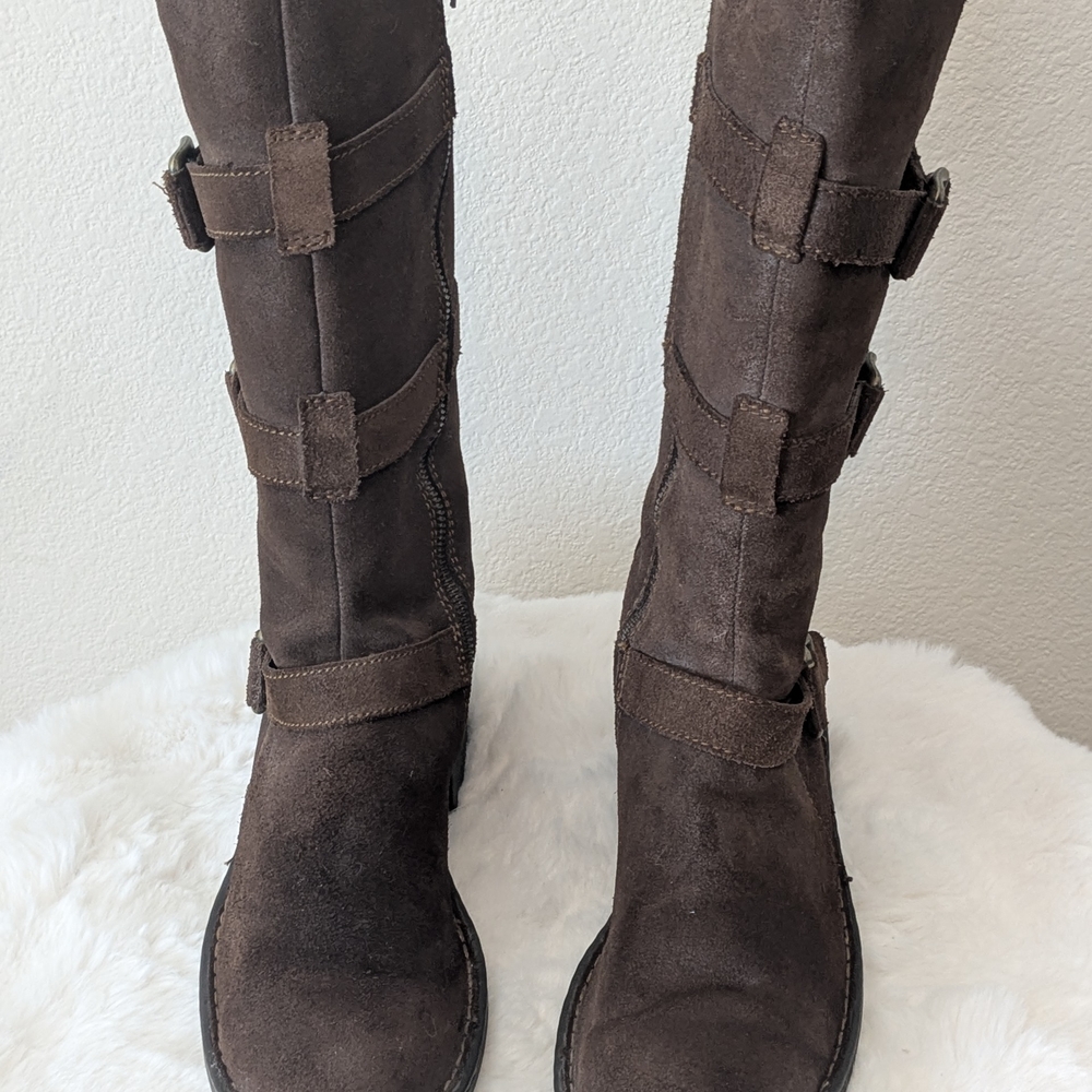 Born Dark Brown Suede Buckle Moto Boots